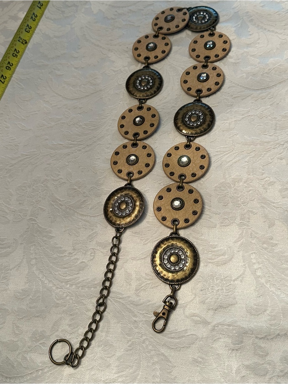 Boho Disc-Link Statement Belt in Tan and Antique Gold